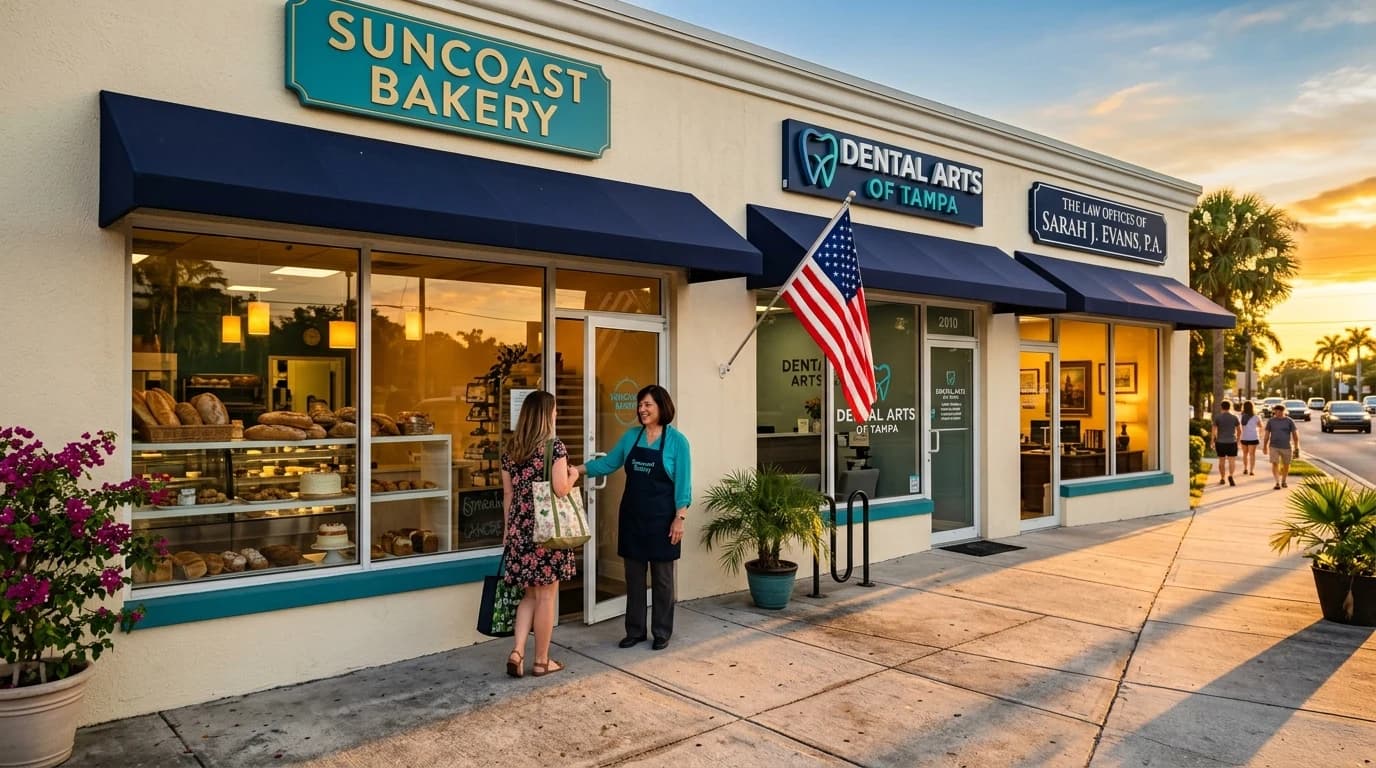 Small business strip plaza in Tampa at golden hour — commercial insurance for local businesses