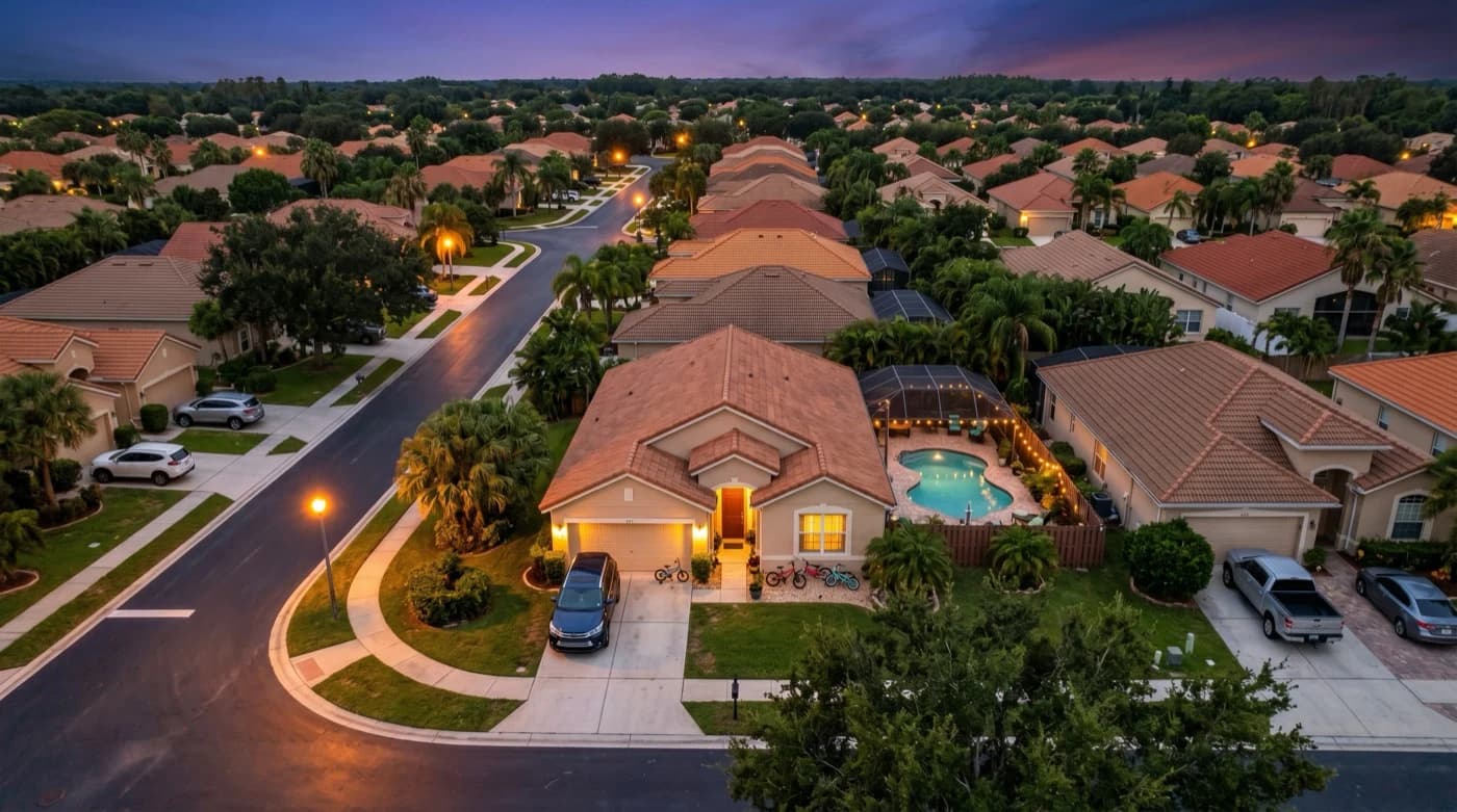 Aerial view of a Florida neighborhood at twilight with warm lights — home insurance coverage