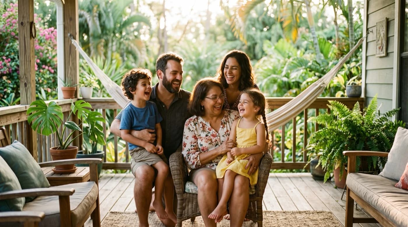 Multigenerational family laughing together on a Florida porch — life insurance family protection